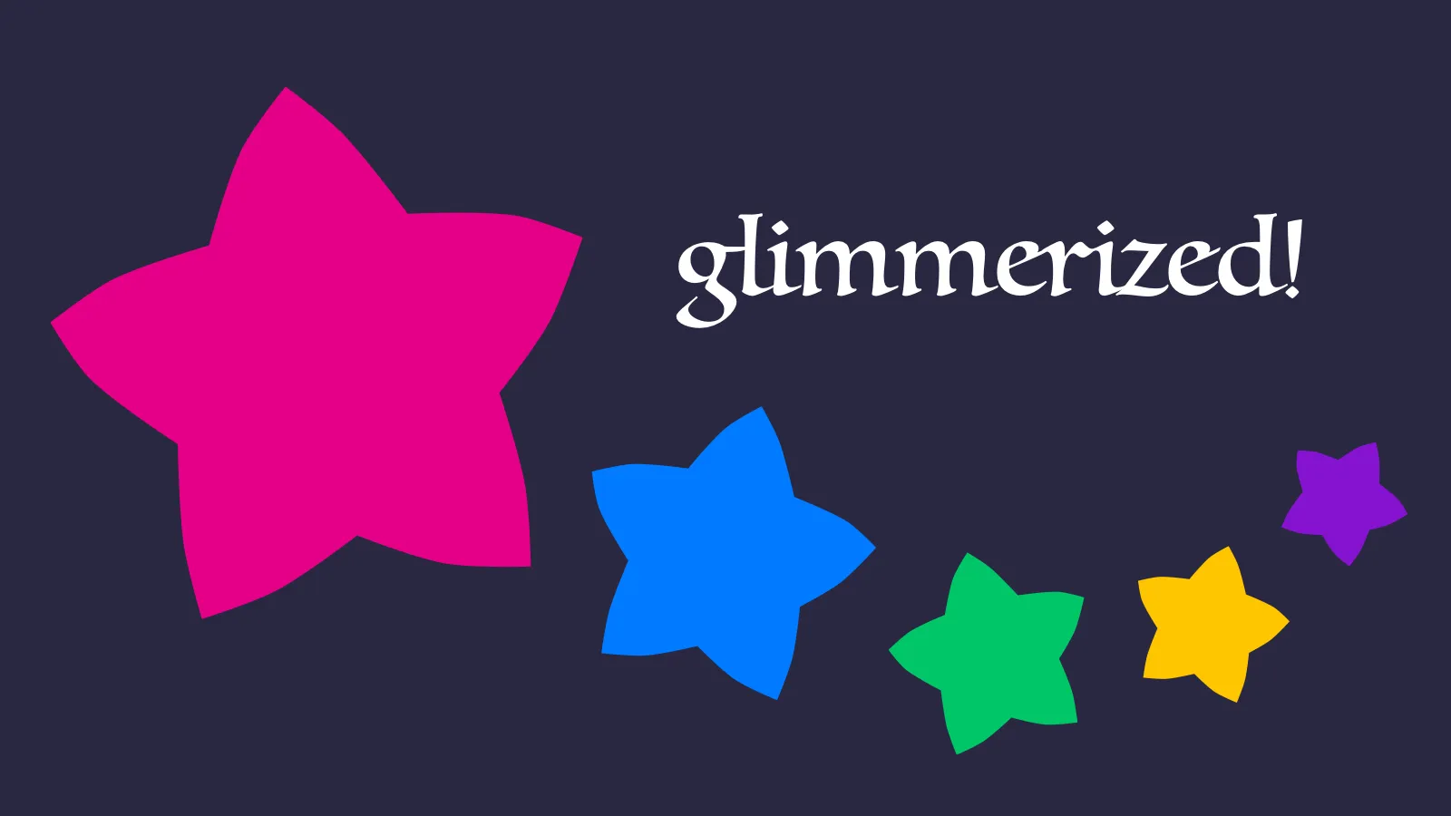 Five round stars in pink, blue, green, yellow, and purple, arranged in a rough line under the word "glimmerized!"